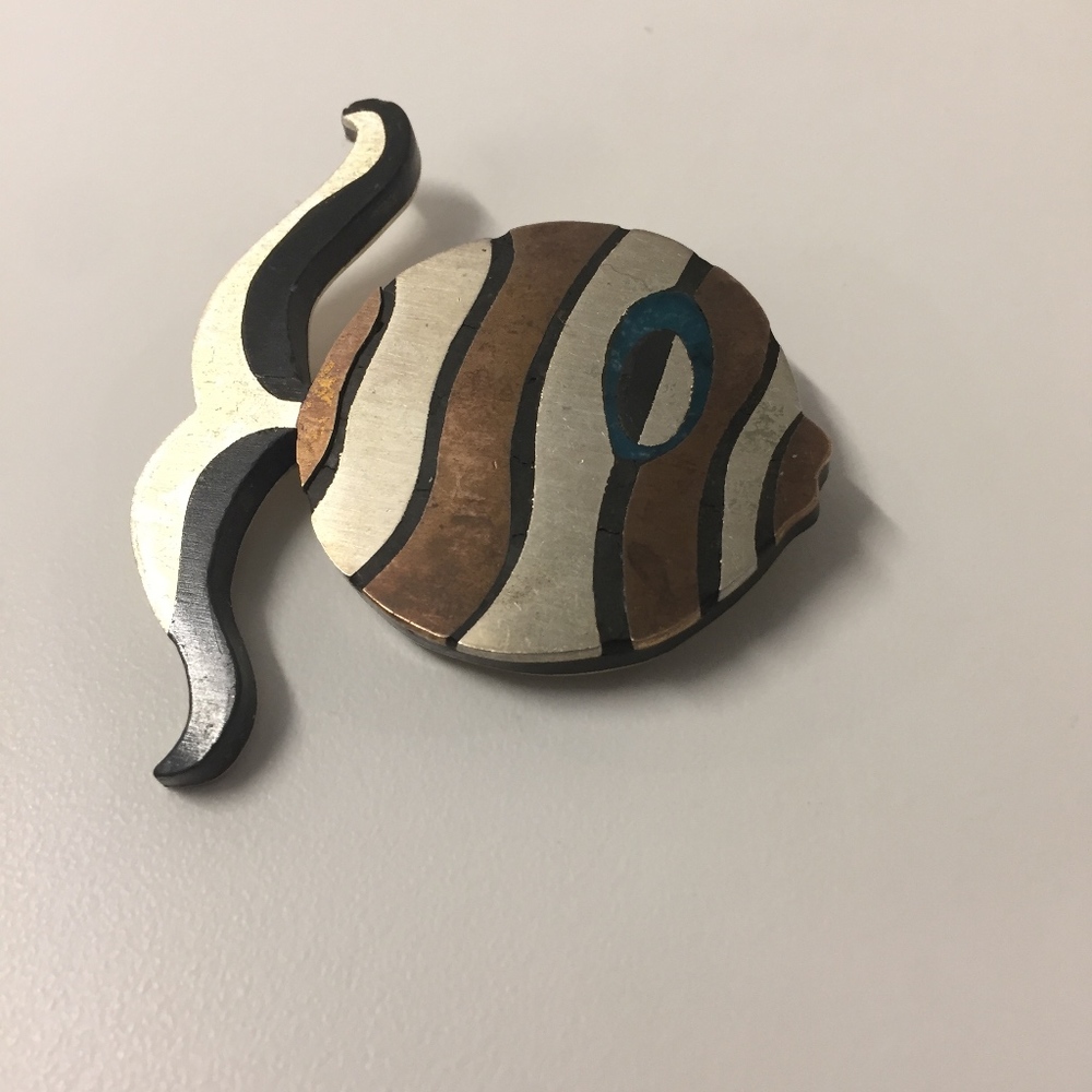 Vintage Mexican Brown Silver Blue Fish Brooch